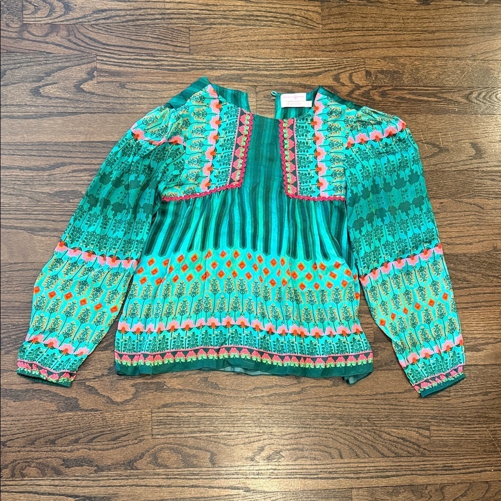 Siddhartha Bansal Boho Folk Print Blouse | Jewel Tones & Pink Trim XS